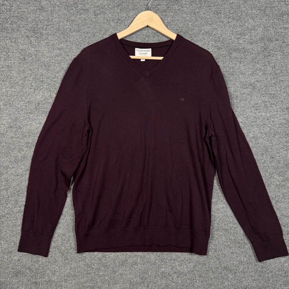 Calvin Klein Size Large Sweater Brown Italian Extra Fine Merino Pullover‎ V Neck